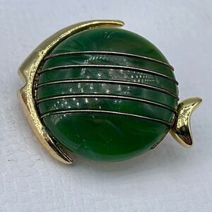Vintage Mid century faux  jade abstract fish brooch .